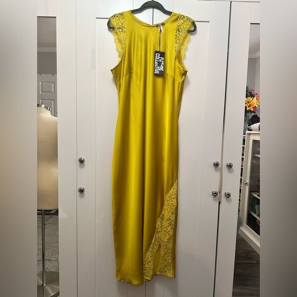 Stunning Yellow Sleeveless Dress With Lace Slit Accent & Lace Sleeves Sz XL NEW - Picture 4 of 6